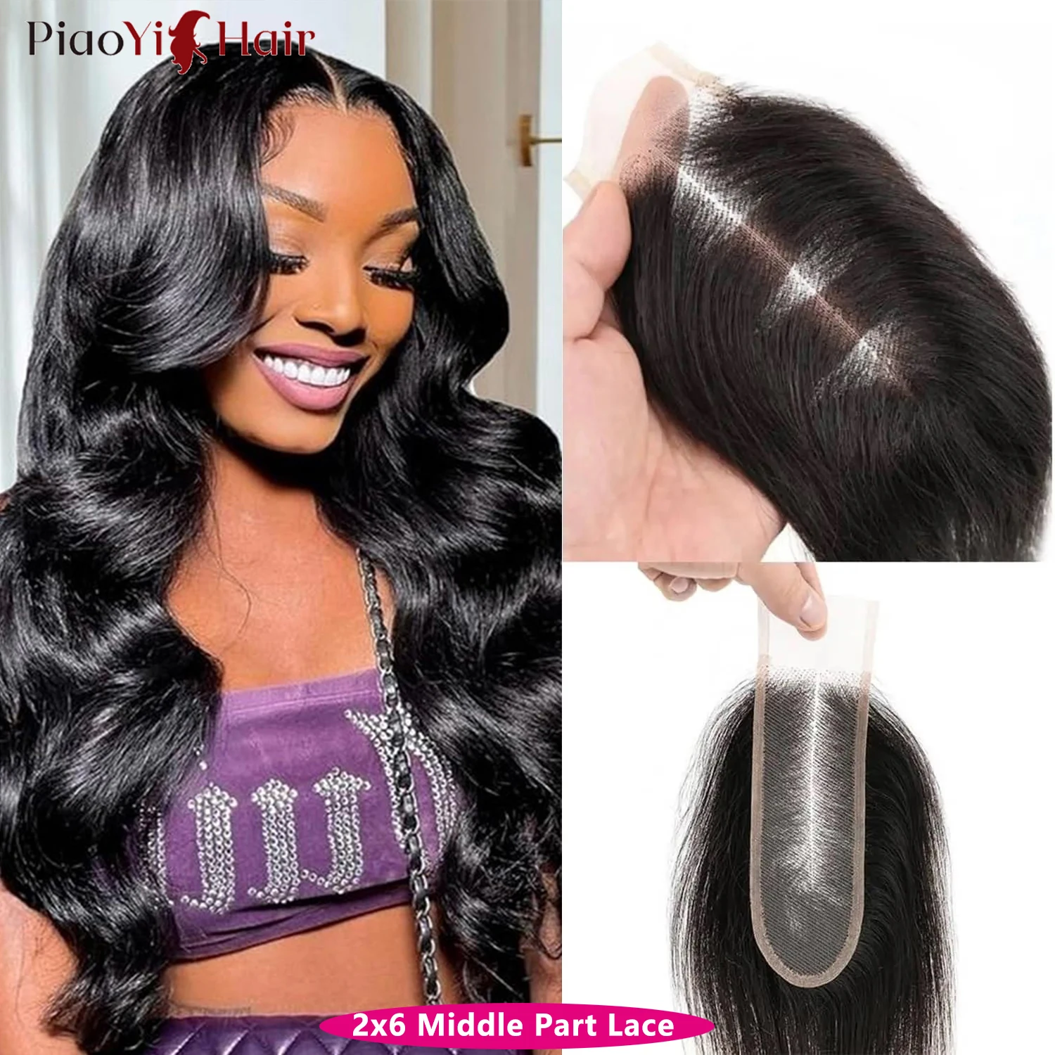 Extensiones de cabello humano ondulado con cierre, cabello humano con cierre 4x 4/5x5, 100% extensiones de cabello humano sin procesar, encaje de parte media 2X6