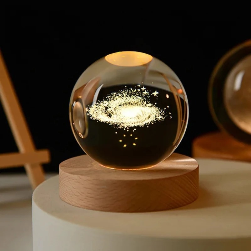 6cm 3D Crystal Ball Glass Ball Planet Earth Wooden Base Solar System Galaxy Astronomy Birthday Gift Home Desktop Decoration