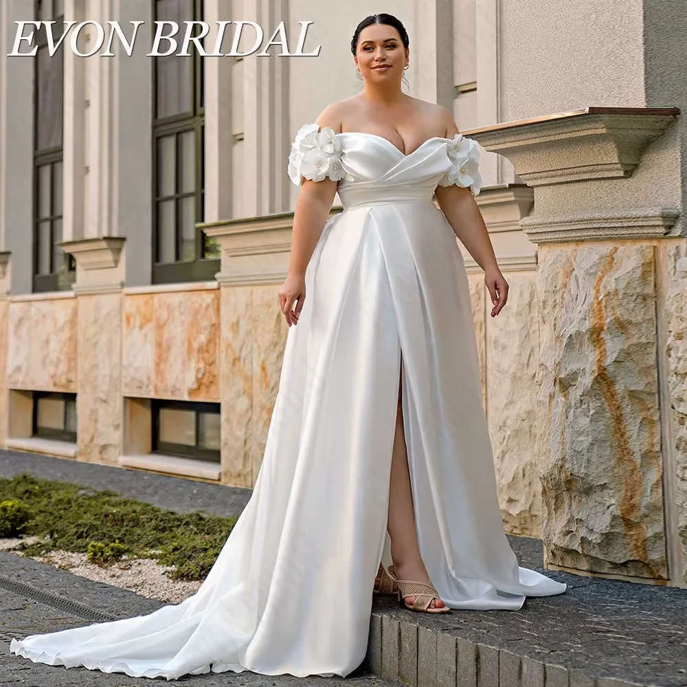 El vestido de novia sexy de evon Bridal aumenta el tamaño de satén, chaleco de atadura en EVON-vestido De Novia De satén con hombros descubiertos, traje Sexy De talla grande con cordones y cuello en V, abertura lateral