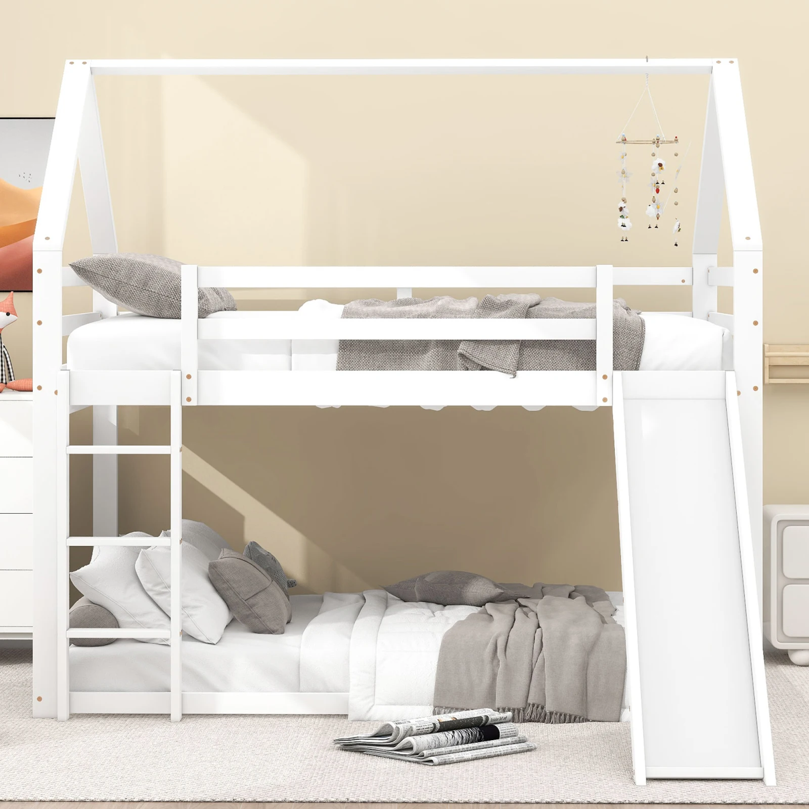 140x200 cm Letto matrimoniale letto per bambini letto a castello con scivolo e scaletta, cameretta alta matrimoniale per bambini, bianco