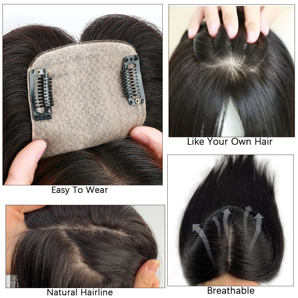 Dazzeal toppers de cabelo humano para mulheres 100% real em linha reta grampos de cabelo humano com franja 10x12cm renda topper peruca 360 ° Tampa superior
