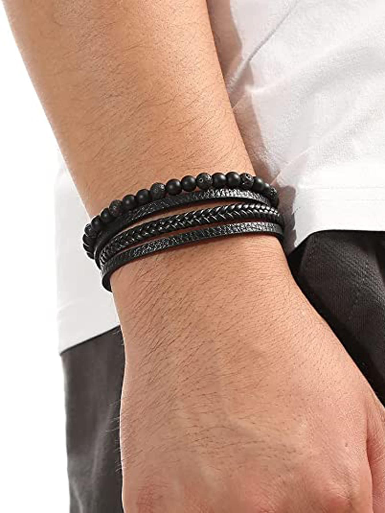 Pulseira masculina vintage de pedra natural lava ônix preto fosco pulseira de couro multicamadas com contas