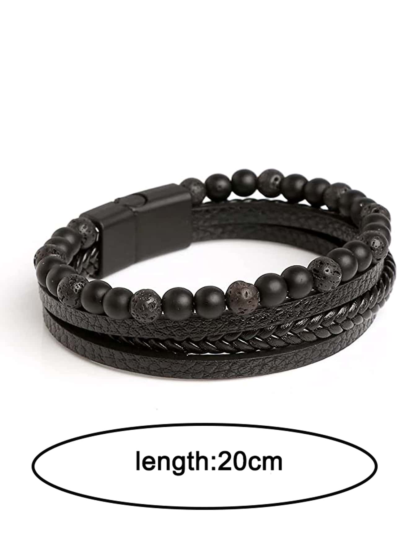 Pulseira masculina vintage de pedra natural lava ônix preto fosco pulseira de couro multicamadas com contas