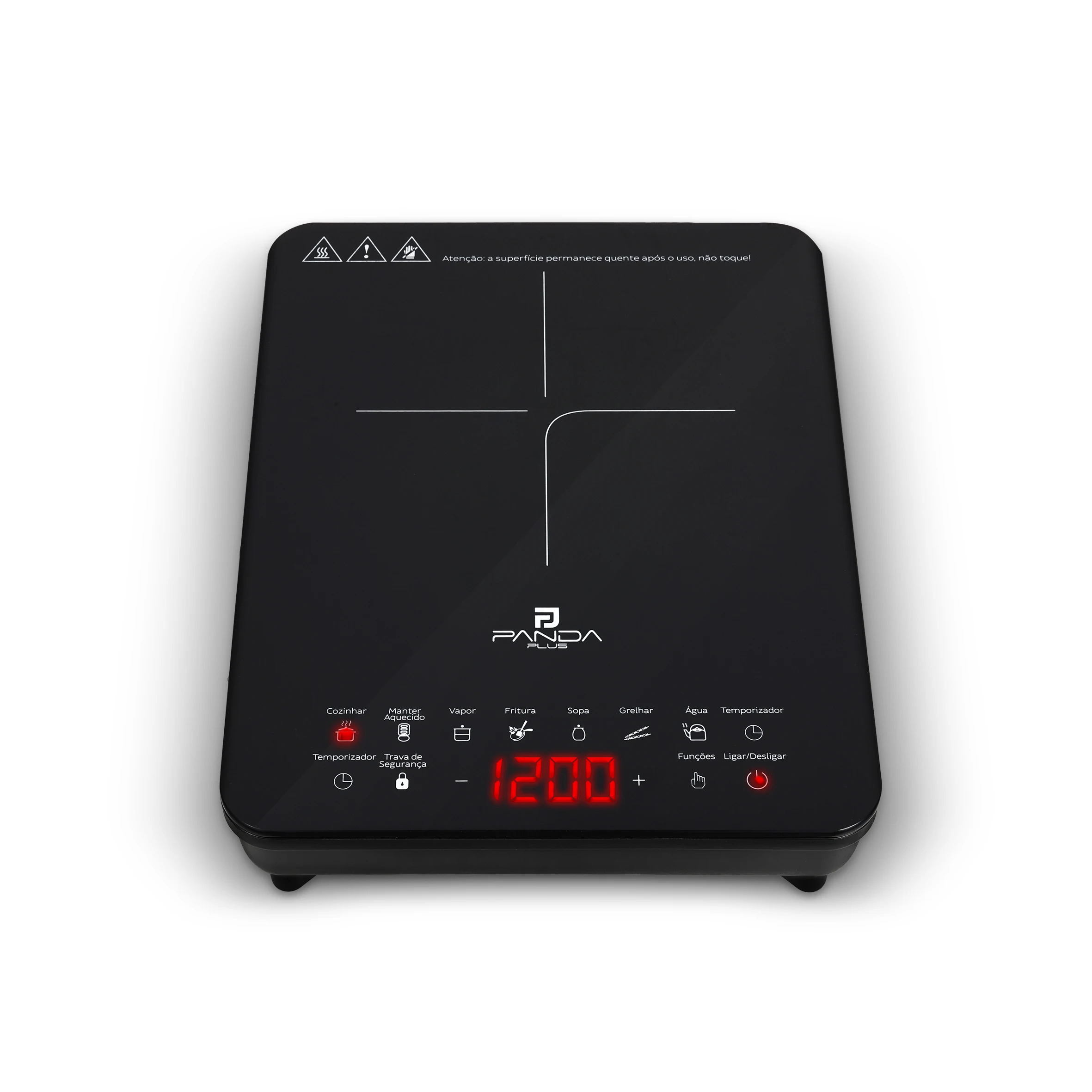 Cooktop Indução 1 Boca Portátil PandaPlus 2000W 220V Touch 8 Níveis Potência Temperatura Trava de Segurança Timer Vitrocerâmico