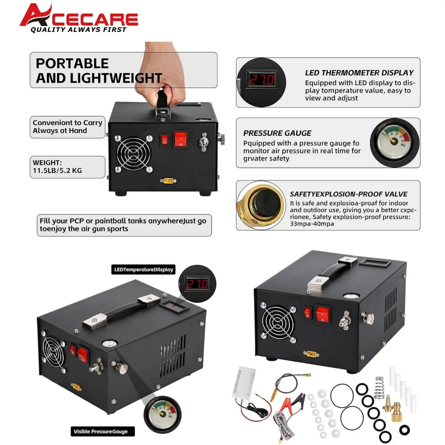 ACECARE 4500Psi PCP Air Compressor with 12V Car power supply 300Bar High Pressure PCP Compressor for SCBA Diving