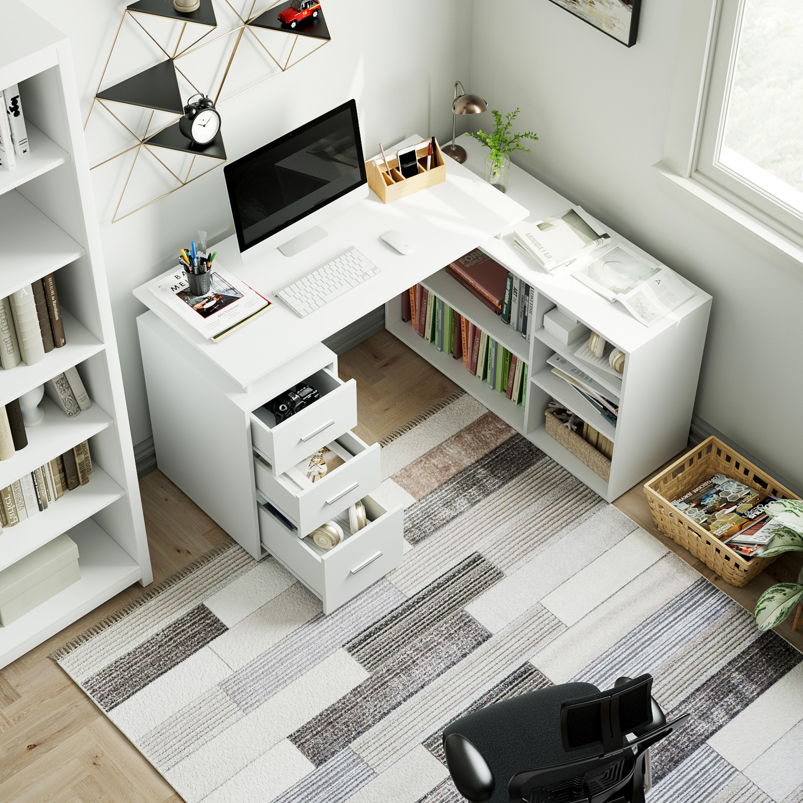 Getone desk corner desk L-shaped desk with drawers and shelves for study Office Home Office 129x104x