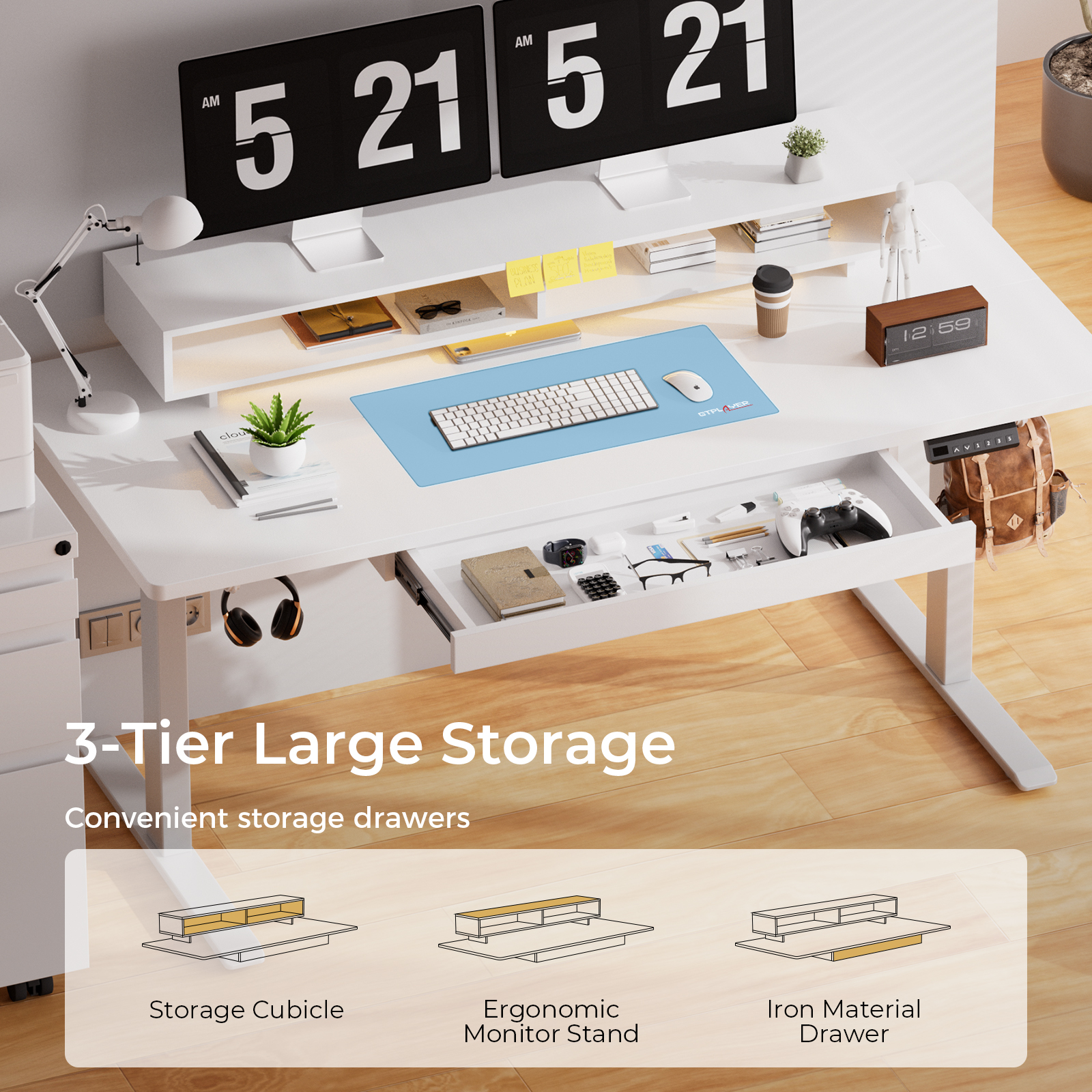 GTPLAYER Biurko Regulowane Elektrycznie 120x60 cm z Szufladami i Podstawką pod Monitor Biurko do Biura i Gier Białe