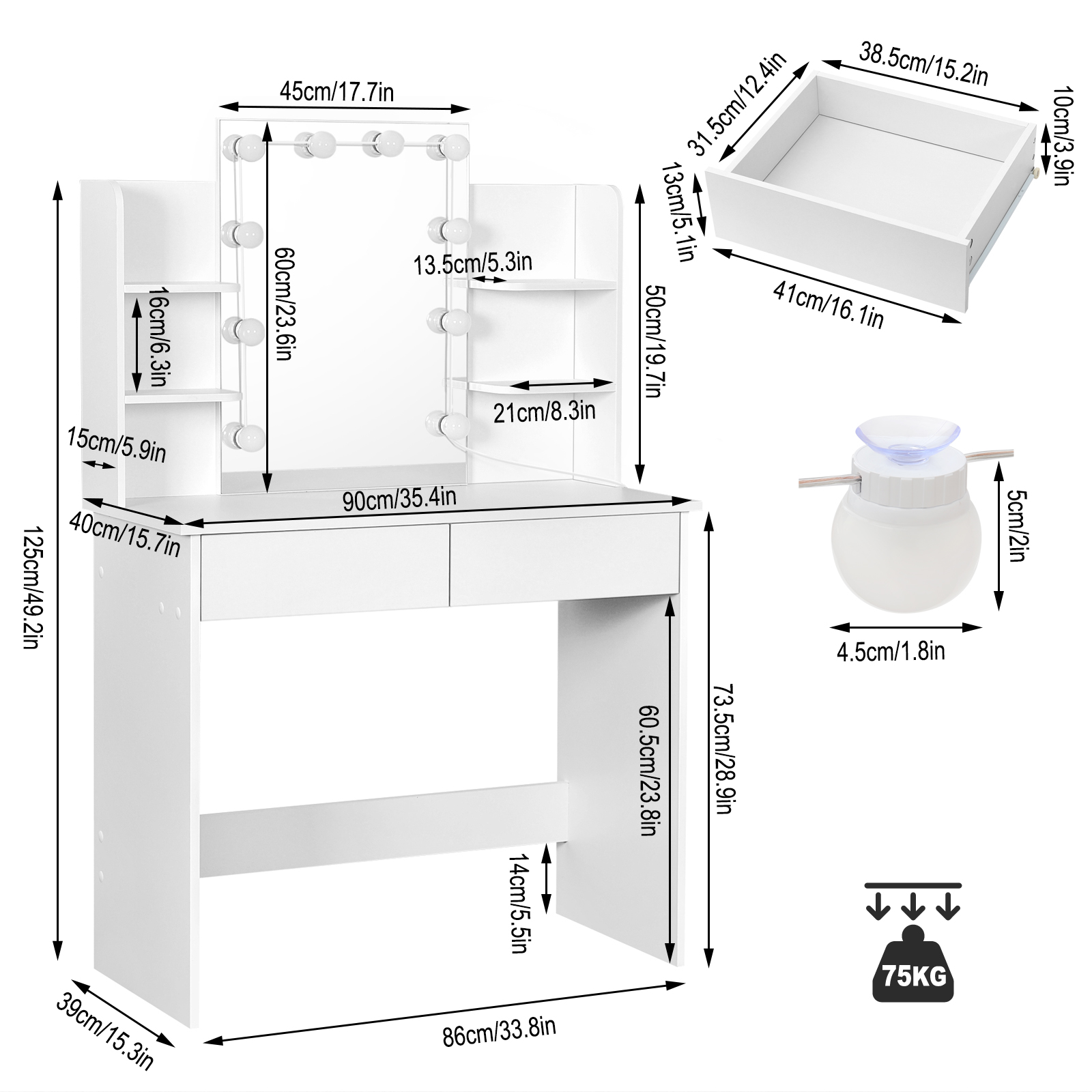 Comò Toeletta con Specchio LED 2 Cassetti 4 Ripiani portaoggetti 90x40x125 cm Tavolo da trucco per ragazze e donne Tavolo da trucco per camera da letto