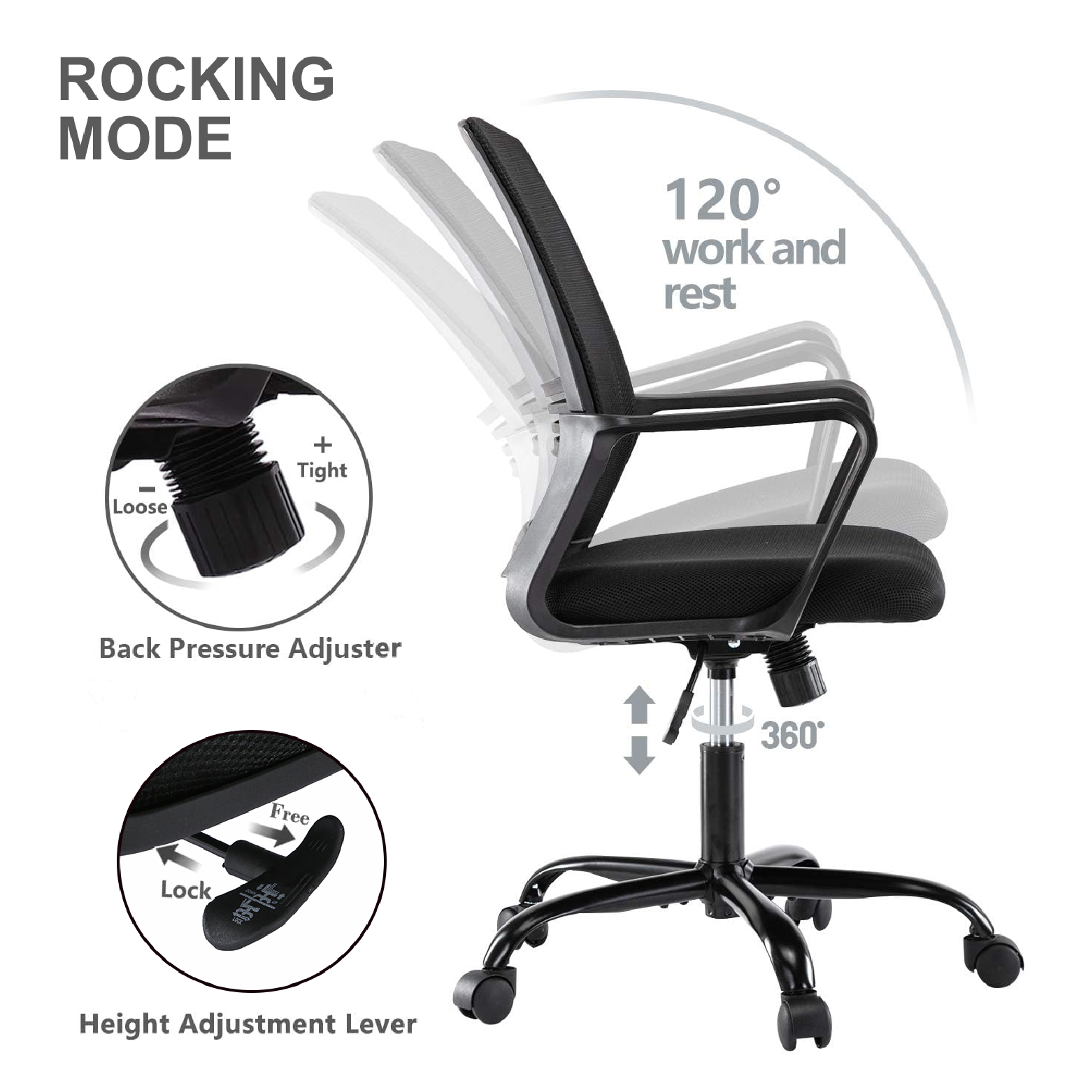 mcc direct Adjustable Office Chair w/Padded Seat Cushion, Height Adjustable Computer Chair w/Lumbar Support and Swivel Rocking