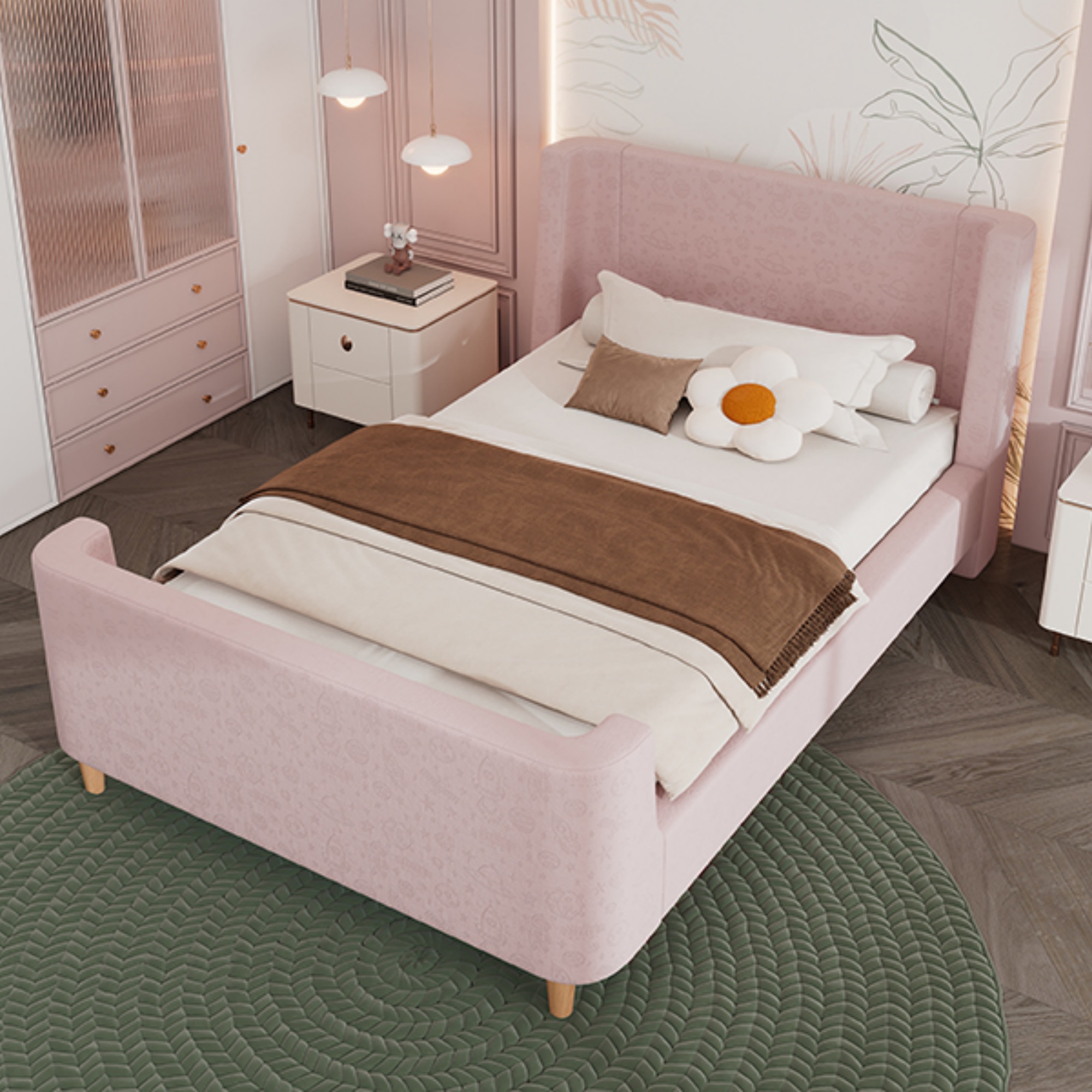Kinderbett Polsterbett,Einzelbett Schlittenbett mit kosmischem Muster, 90 x 200 cm,Rosa,/Grau/Beige Samt (Ohne Matratze)