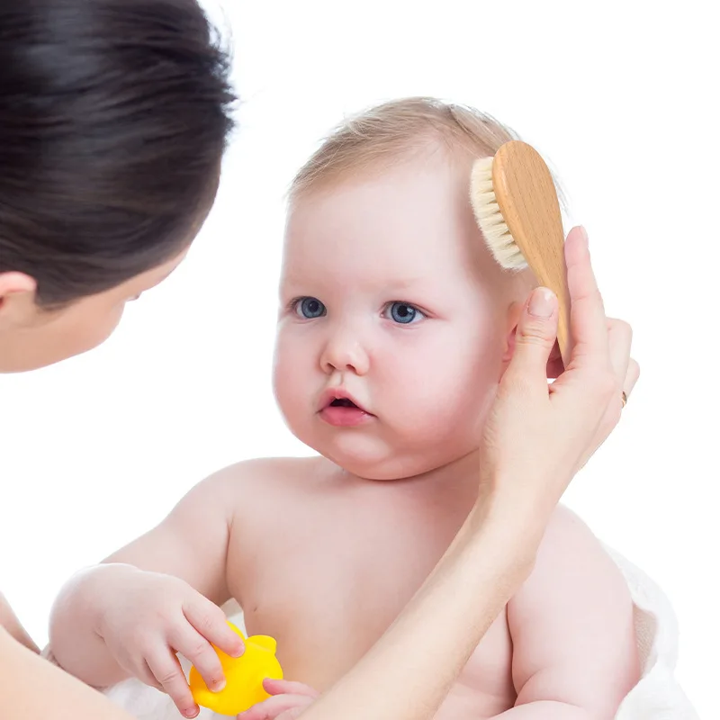 2 pçs conjunto de pente do bebê cuidados com o bebê escova de cabelo faia lã macia pente de madeira recém-nascido massageador chuveiro do bebê e presente cabelo do bebê calmante