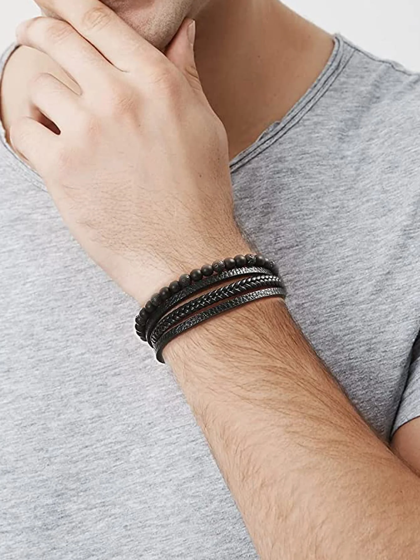 Pulseira masculina vintage de pedra natural lava ônix preto fosco pulseira de couro multicamadas com contas