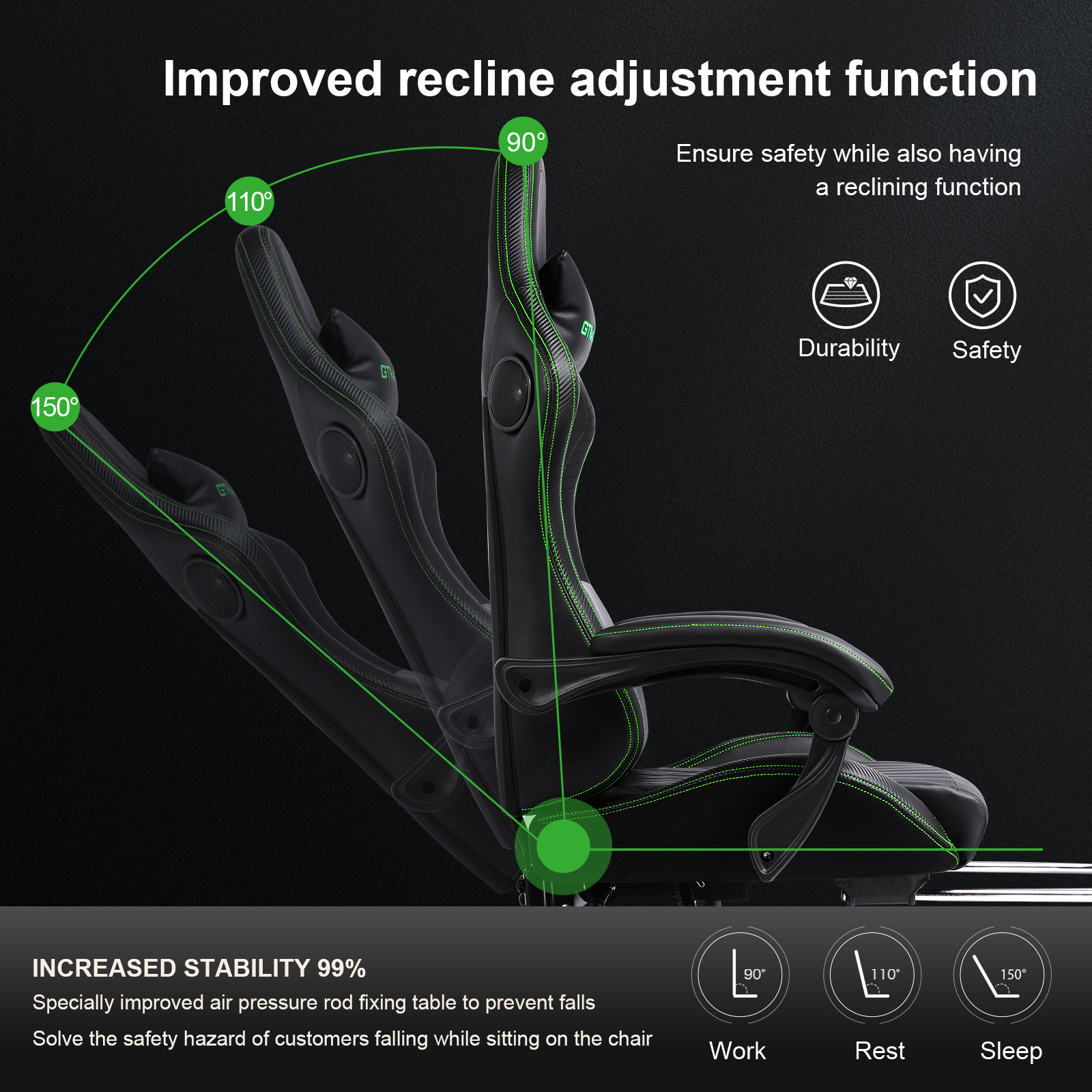 GTPLAYER Gaming Chair with Footrest, Dual Bluetooth 5.1 Speakers, Heavy Duty Large Frame Cold Cure Foam Height Adjustable Co