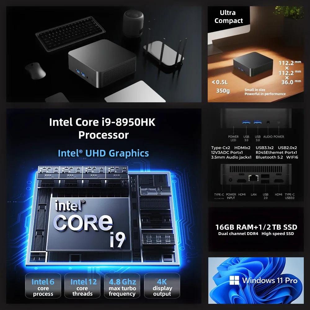 Mini PC Windows 11 Intel Core i9 8950HK 16GB DDR4 512GB 1TB SSD PC Gamer Computer WIFI 6 BT5.2 4K HD Mini PC Desktop portatile