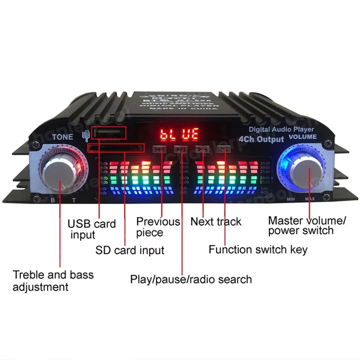 BT-998 4-Kanal-Bluetooth-Verstärker, 12 V, Auto, Zuhause, Audio, Leistungsverstärker, USB, SD, AUX, FM, LCD-Display
