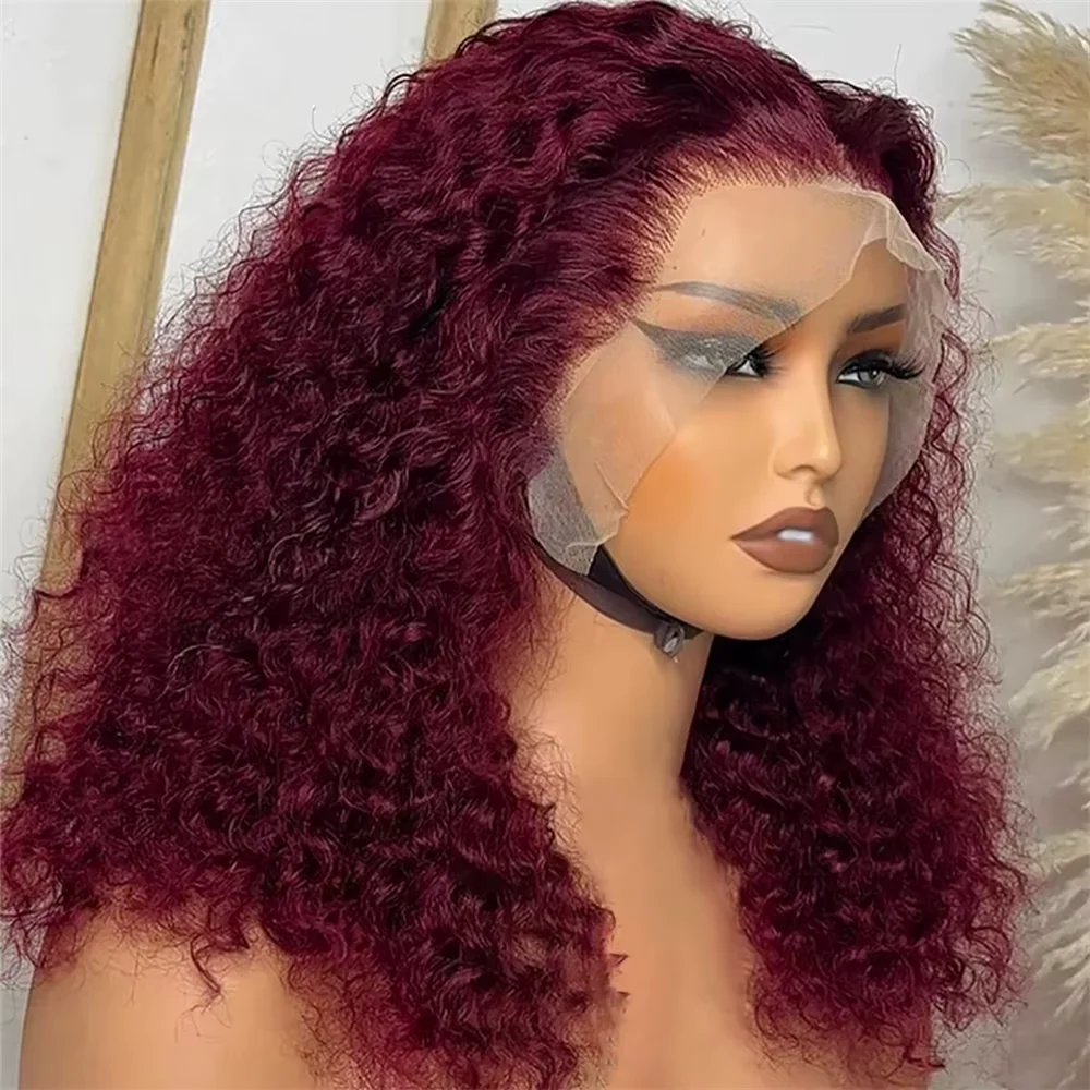 13x4 peruca frontal do laço curto bob kinky encaracolado peruca brasileira 99j onda de água profunda bob borgonha perucas dianteiras do laço bob 100% cabelo humano