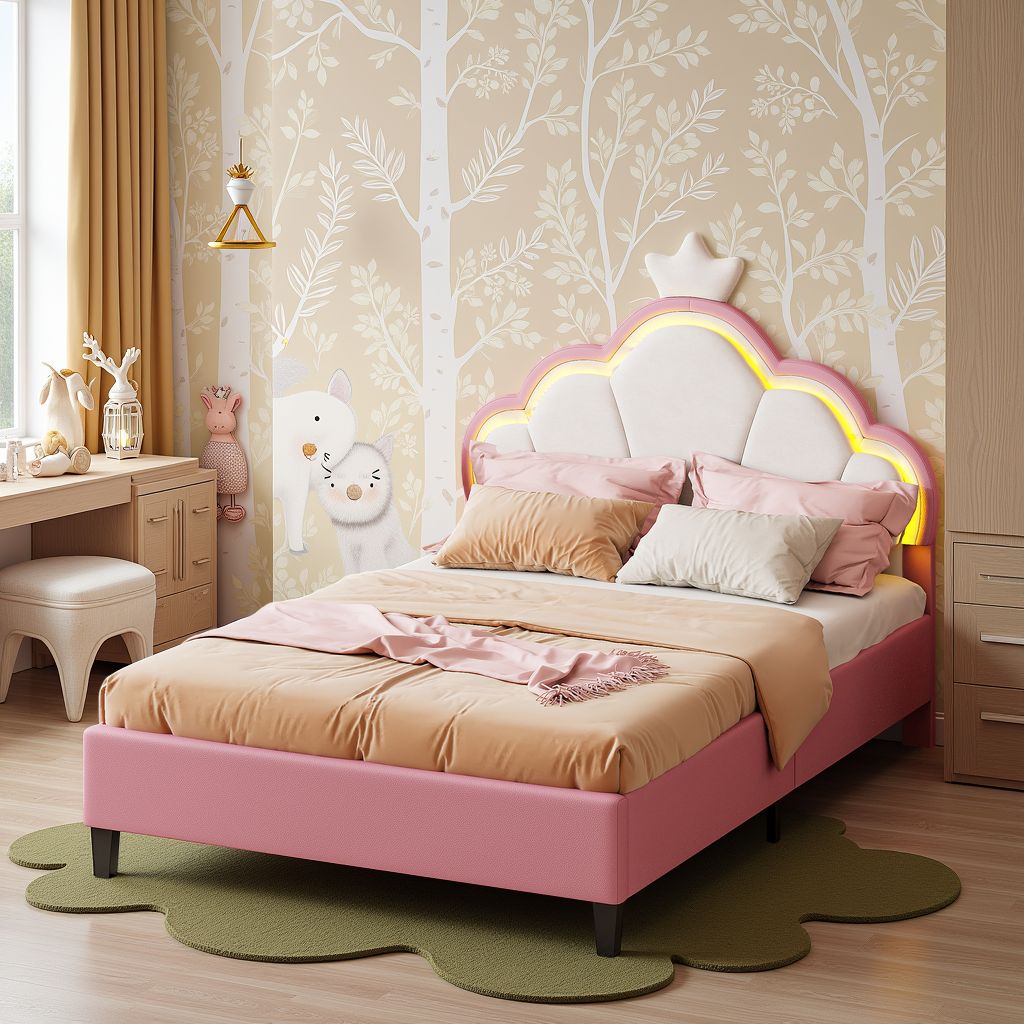 Cama Upadded 140x cm, con LED, cabecero de nube y corona, altura regulable, Estilo Princesa, rosa