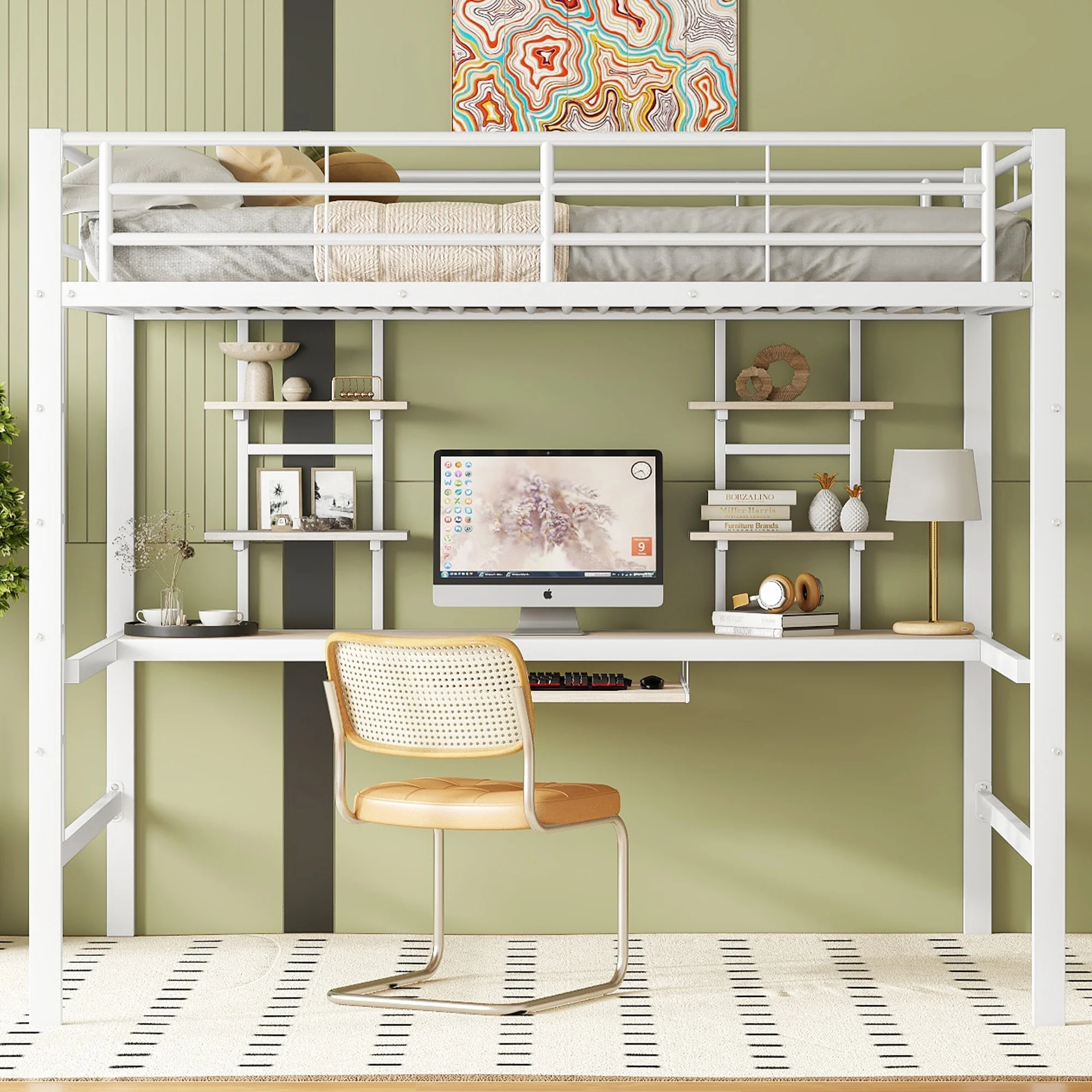 Metallbett Hochbett 140x200 cm mit Rausfallschutz, Eisenbett Stockbett mit Schreibtisch und zwei Bücherregalen