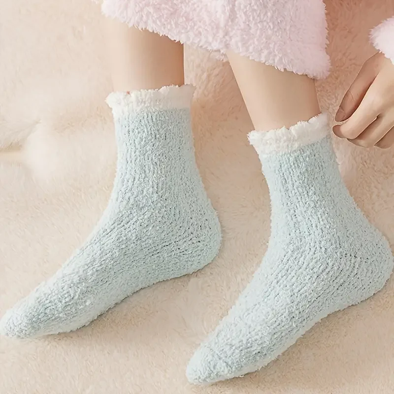 5 pares de calcetines gruesos de lana color coral para mujer, calcetines de invierno cómodos y cálidos de manga media, calcetines de suelo