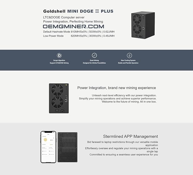 KIC New Goldshell Mini Doge Ⅲ Plus ASIC Miner for Doge Coin & LTC Hashrate 810M 500W Power with Power Cord BUY 2 GET 1 FREE