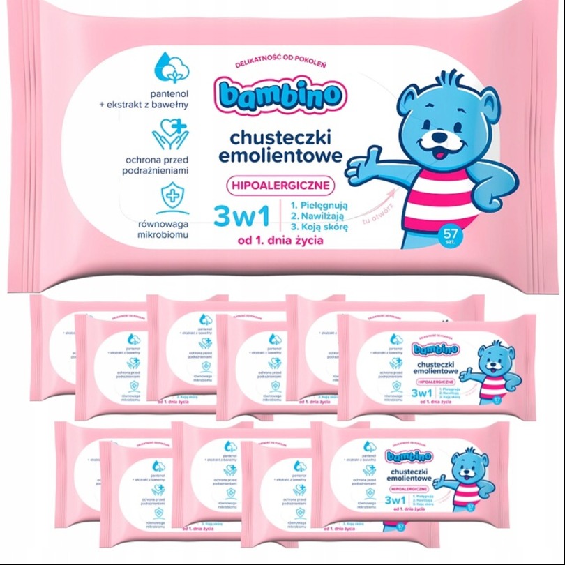 Chusteczki emolientowe dla niemowląt Bambino (57 sztuk) x 12 opakowań