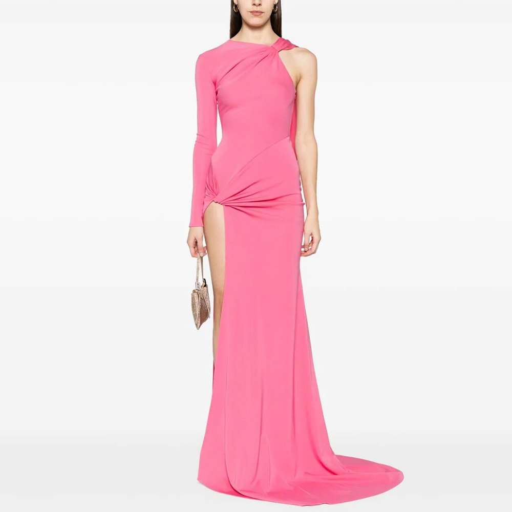 Vestido de cetim sexy do convidado do casamento, vestido reto de um ombro, elegante vestido de luxo, rosa quente, plissado, garfo lateral, ocasião sob medida