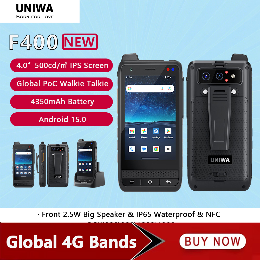 UNIWA F400 Zello POC Walkie Talkie Global 4G PDA resistente Android 15 4 pulgadas 4GB + 64GB 2,5 W altavoz grande 4350mAh PoC SOS botón NFC