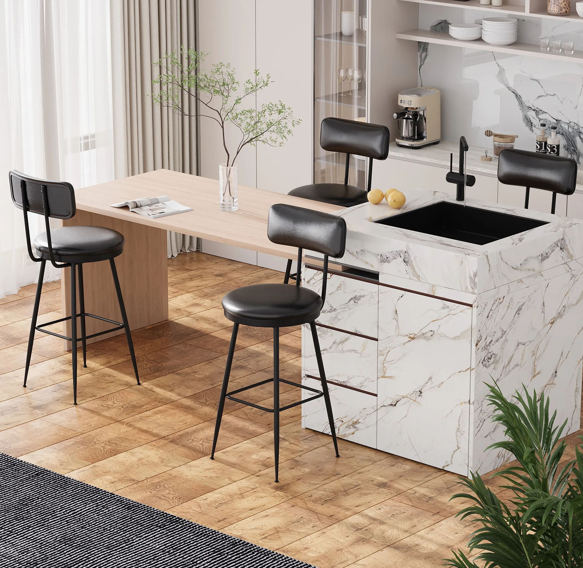 Rosahqnda Barhocker 2er/4er Set mit Rückenlehne, 65 cm Sitzhöhe Barhocker Kunstleder, 4 Beine, für Küche & Theke, Hausbar