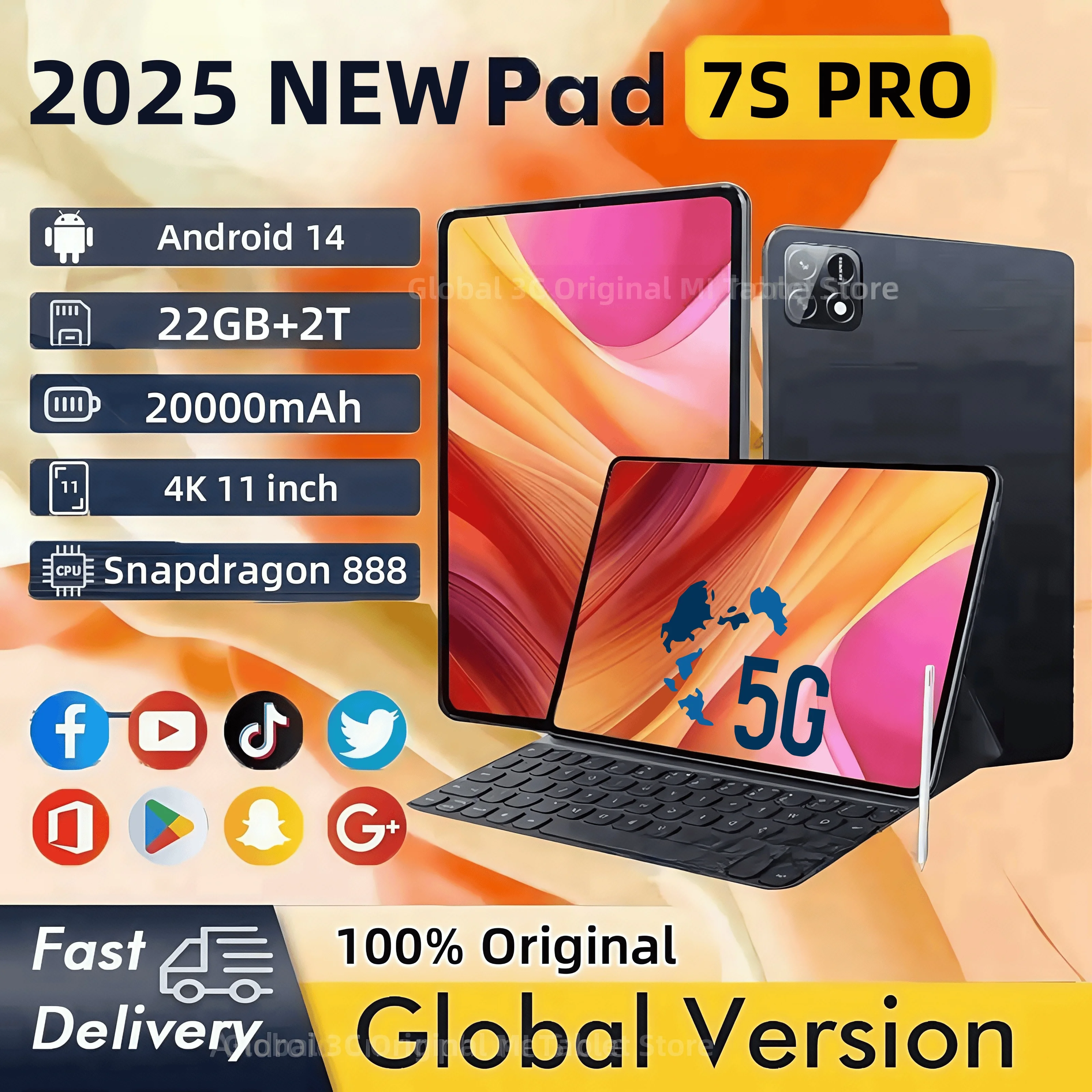 2025 New Original Pad 7S Pro Tablet 22GB+2T 11inch HD 4K Android14 20000mAh 5G Dual SIM Phone Call WiFi GPS WPS Tablet PC