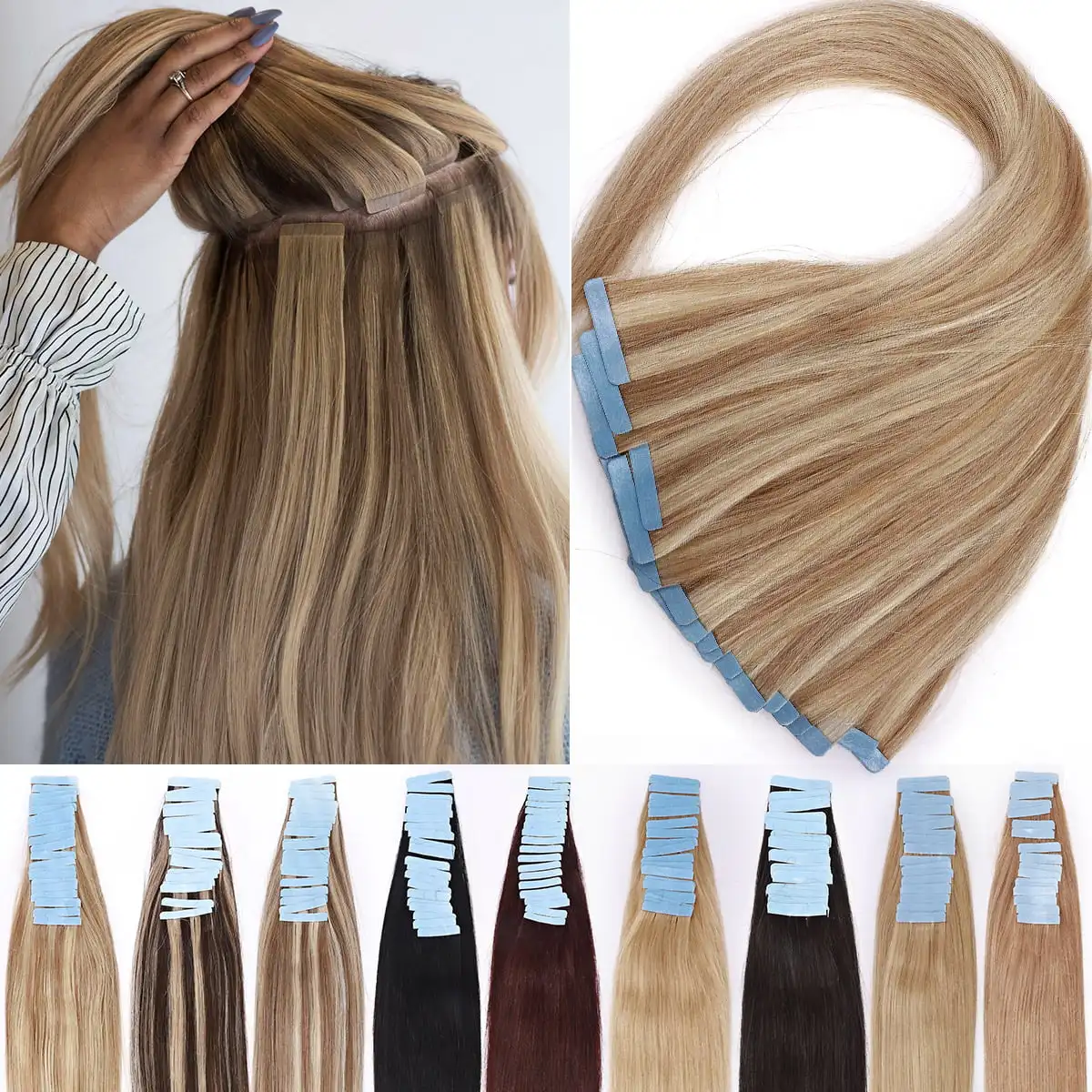 Fita em extensões de cabelo cabelo humano real 20 pçs em linha reta sem costura fita de trama de pele extensões de cabelo invisível pré-rosado cabelo loiro