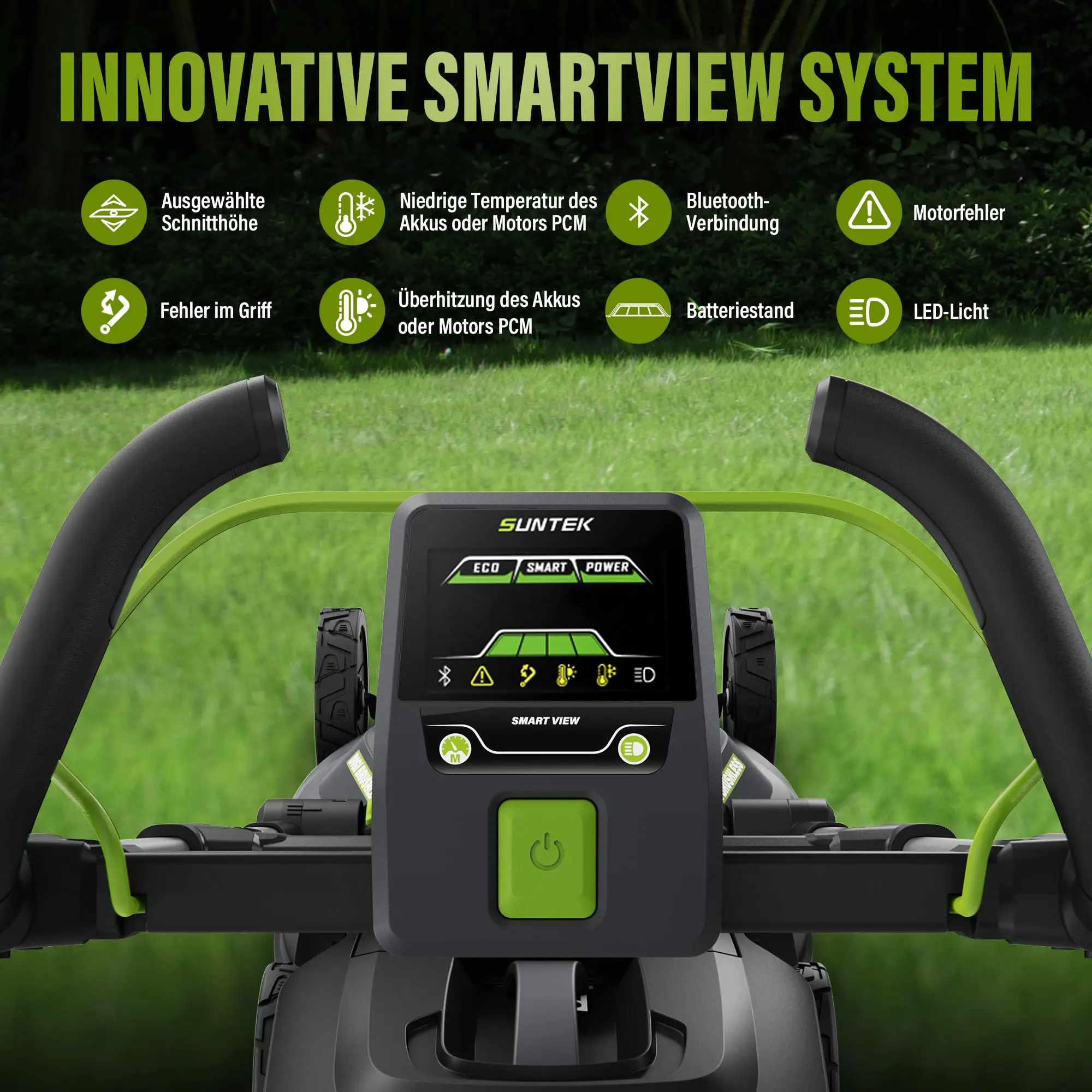 Cortador de grama com bateria SUNTEK, cortador de grama manual sem escova Digi, bateria de íon de lítio de 4,0Ah e carregador rápido incluído, compatível com APP