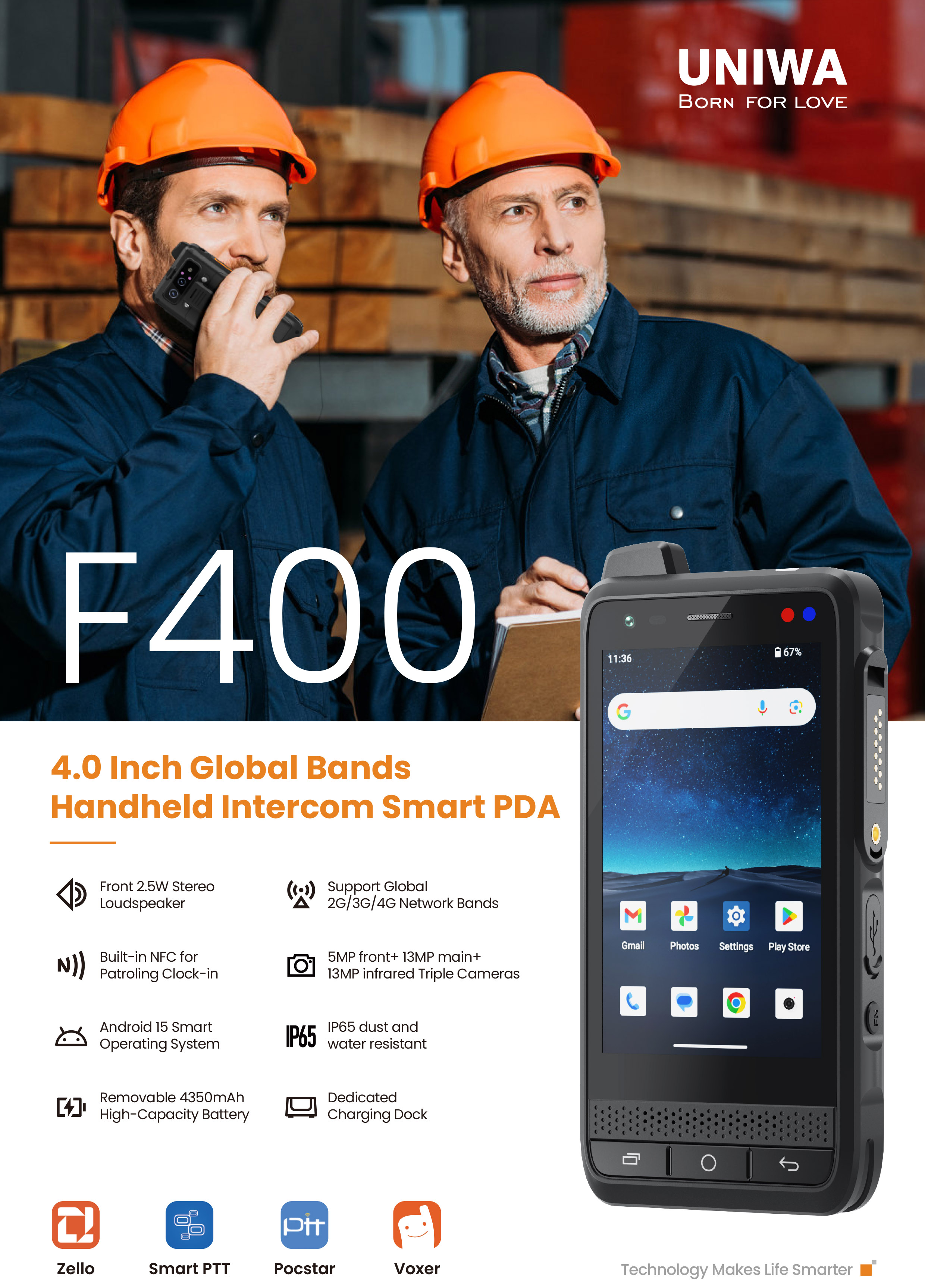 UNIWA F400 Zello POC Walkie Talkie Global 4G PDA resistente Android 15 4 pulgadas 4GB + 64GB 2,5 W altavoz grande 4350mAh PoC SOS botón NFC