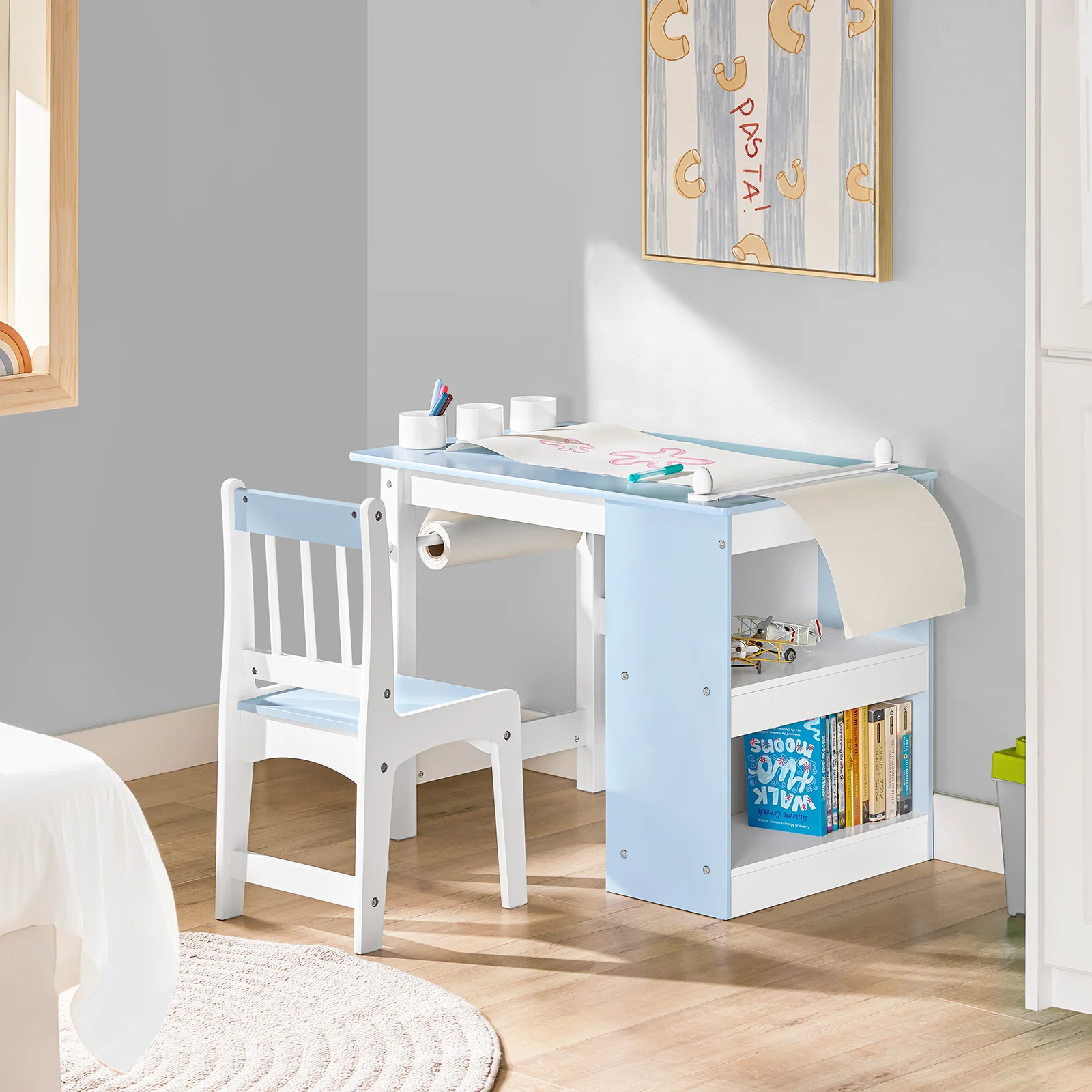 SoBuy KMB60 Conjunto de mesa e cadeira infantil de 2 peças com adesivos DIY mesa infantil com 3 porta-canetas