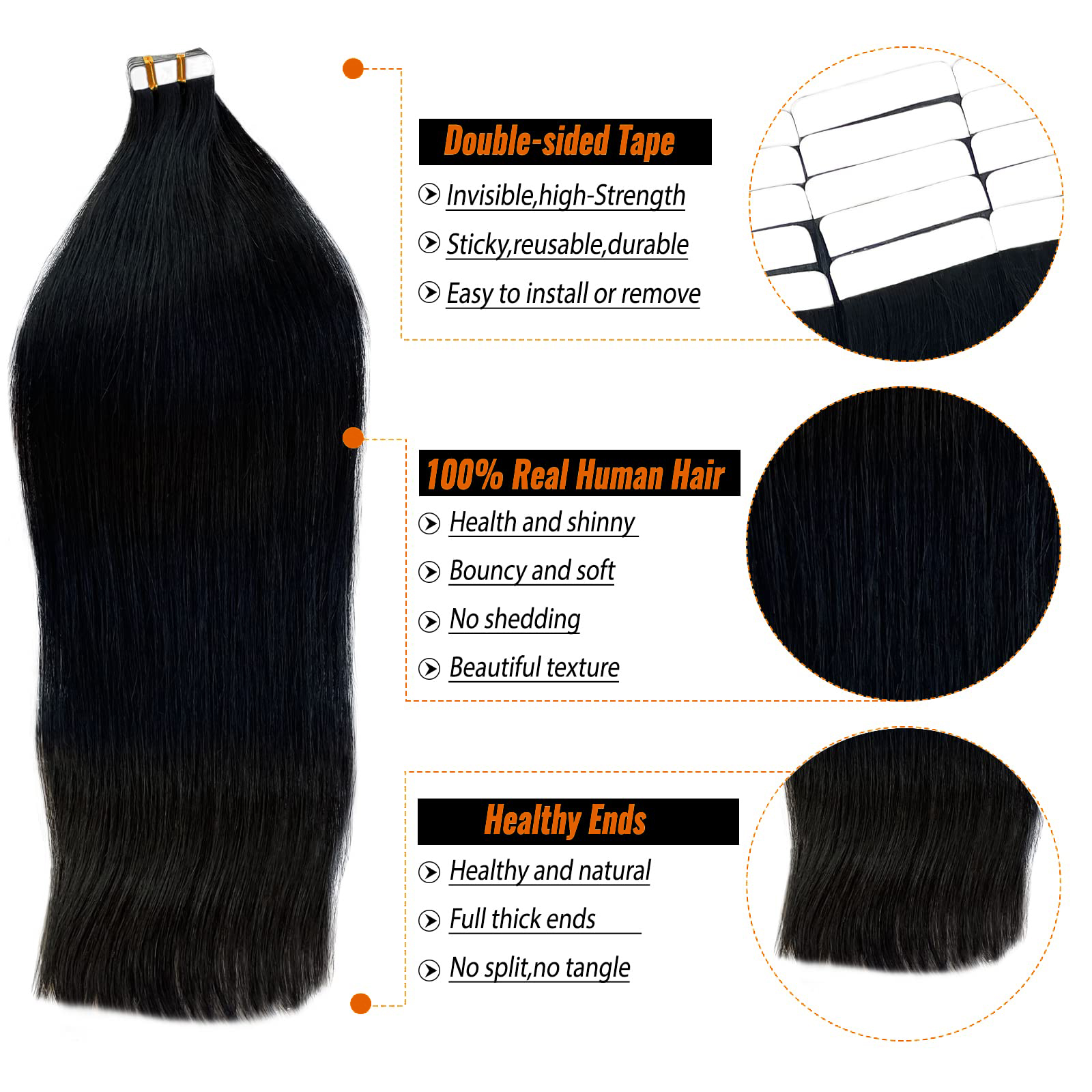 Briller réel cheveux humains bande droite dans les Extensions noir Double face bande pour peau trame cheveux Extensions sans couture bande dans # 1B