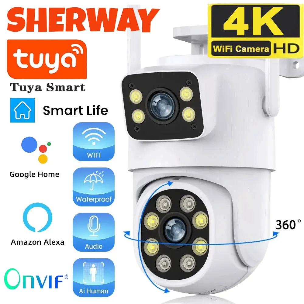 Cámara WIFI de doble lente 4K 8MP Tuya PTZ pantalla Dual para exteriores Ai cámara de seguridad de seguimiento automático humano vigilancia con Alexa Google