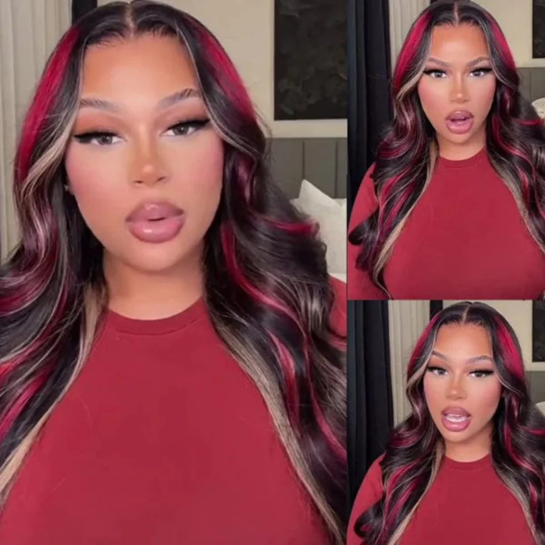 Peluca 13X6 negra con reflejos rubios rojos pelucas frontales de encaje sintético 13x4 prearrancadas con línea de cabello peluca Frontal de encaje para mujer