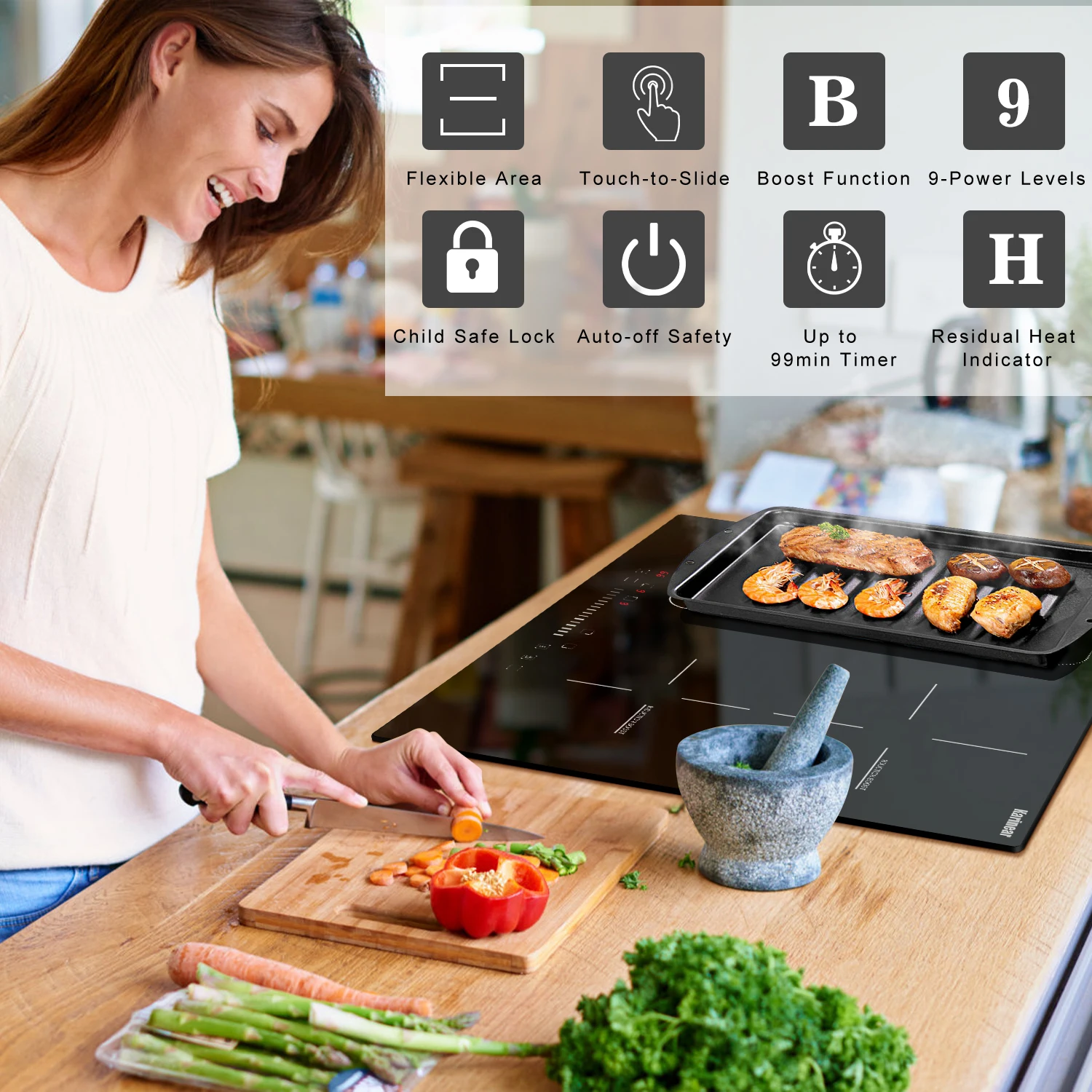 Karinear Eingebautes 4-Brenner-Induktionskochfeld, elektrisches Induktionskochfeld mit Flexzone, Schiebesteuerung, Timer, Boost-Funktion, 7200 W
