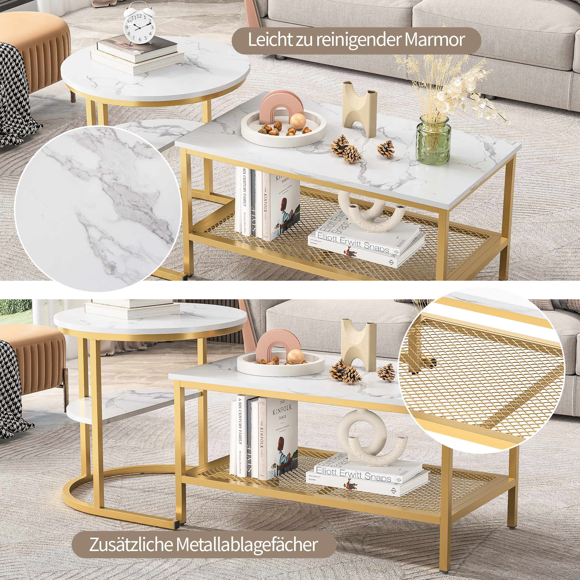 2PCS Modern Nesting Coffee Table, Coffee Table Set Marble Veneer Sofa Side Nest of Tables End Tables,Set of 2,Golden Frame
