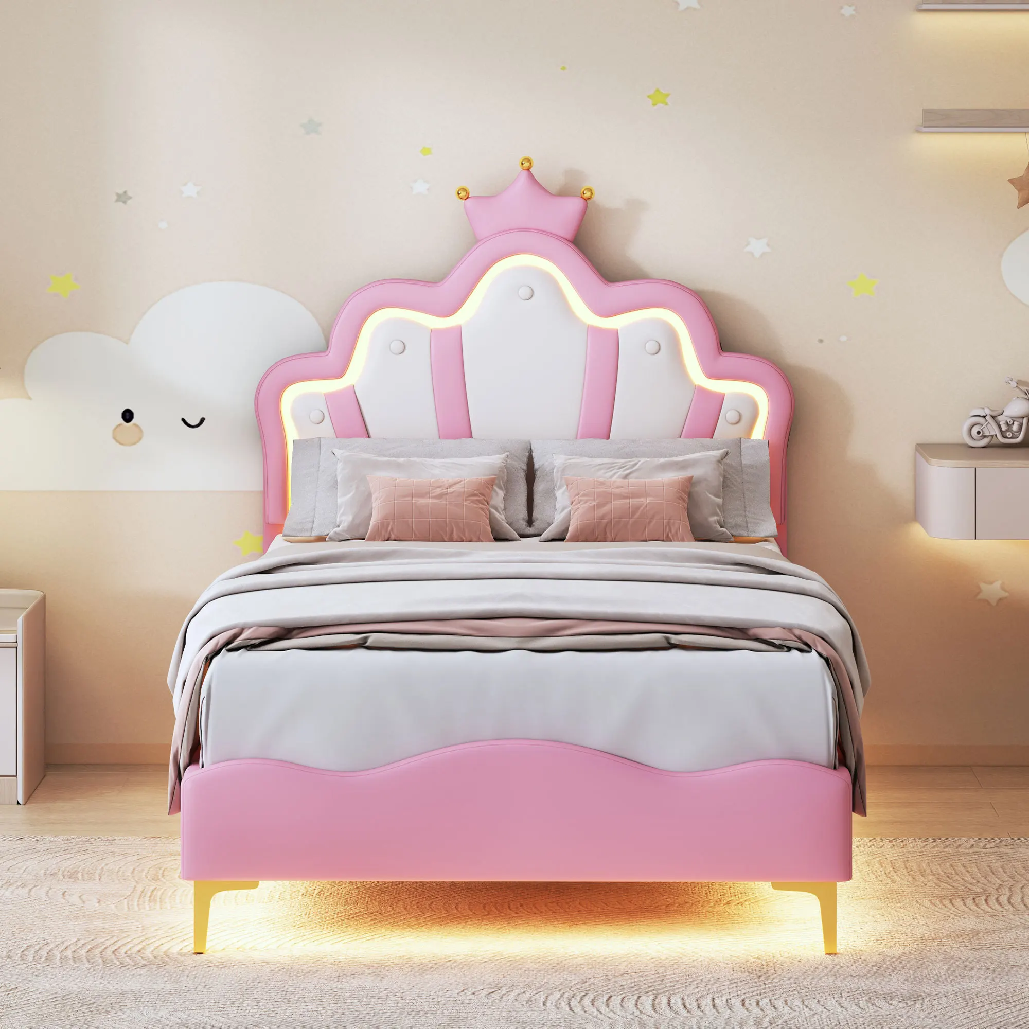 Łóżko dziecięce Rosahqnda 90x200 cm z oświetleniem LED, łóżko księżniczki, łóżko z koroną, łóżko dla dziewczynek/łóżko dziecięce/łóżko pojedyncze/łóżko płaskie/łóżko z PU