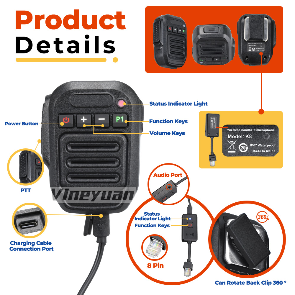 K8 Bluetooth Wireless Mobile Car Radio Microphone Speaker for ICOM IC-2720 IC-2200H IC-V8000 ID-880H Kenwood TK-7160 TK-8100 TK-