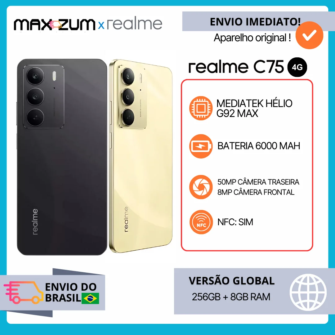 [Estreia mundial] smartphone realme c75 helio g92 max chipset 5828mah bateria 45w carga 6.72 ''90hz display 50mp câmera nfc ip69