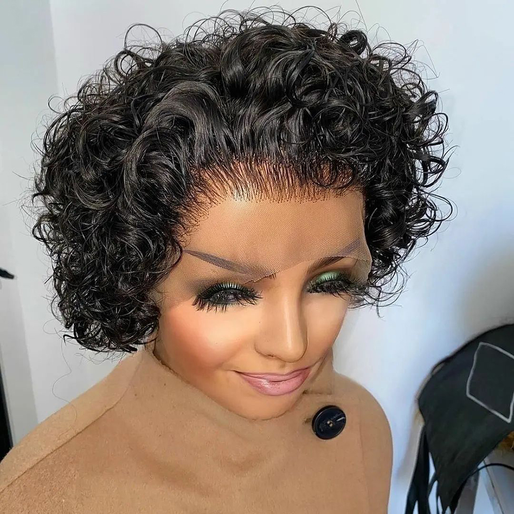 Perruque coupe lutin couleur dentelle perruque printemps curl court Bob perruque de cheveux humains pour les femmes couleur noire naturelle cheveux humains pas cher perruque 13X1