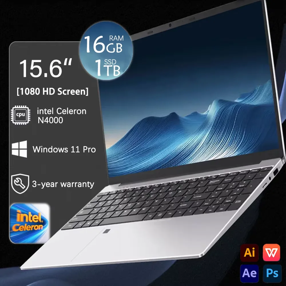 FUCHU Nowy Laptop Biznesowy 15,6 cala Windows 11 Pro Intel Celeron N4000 16GB RAM 1TB 2TB SSD Komputer do Biura