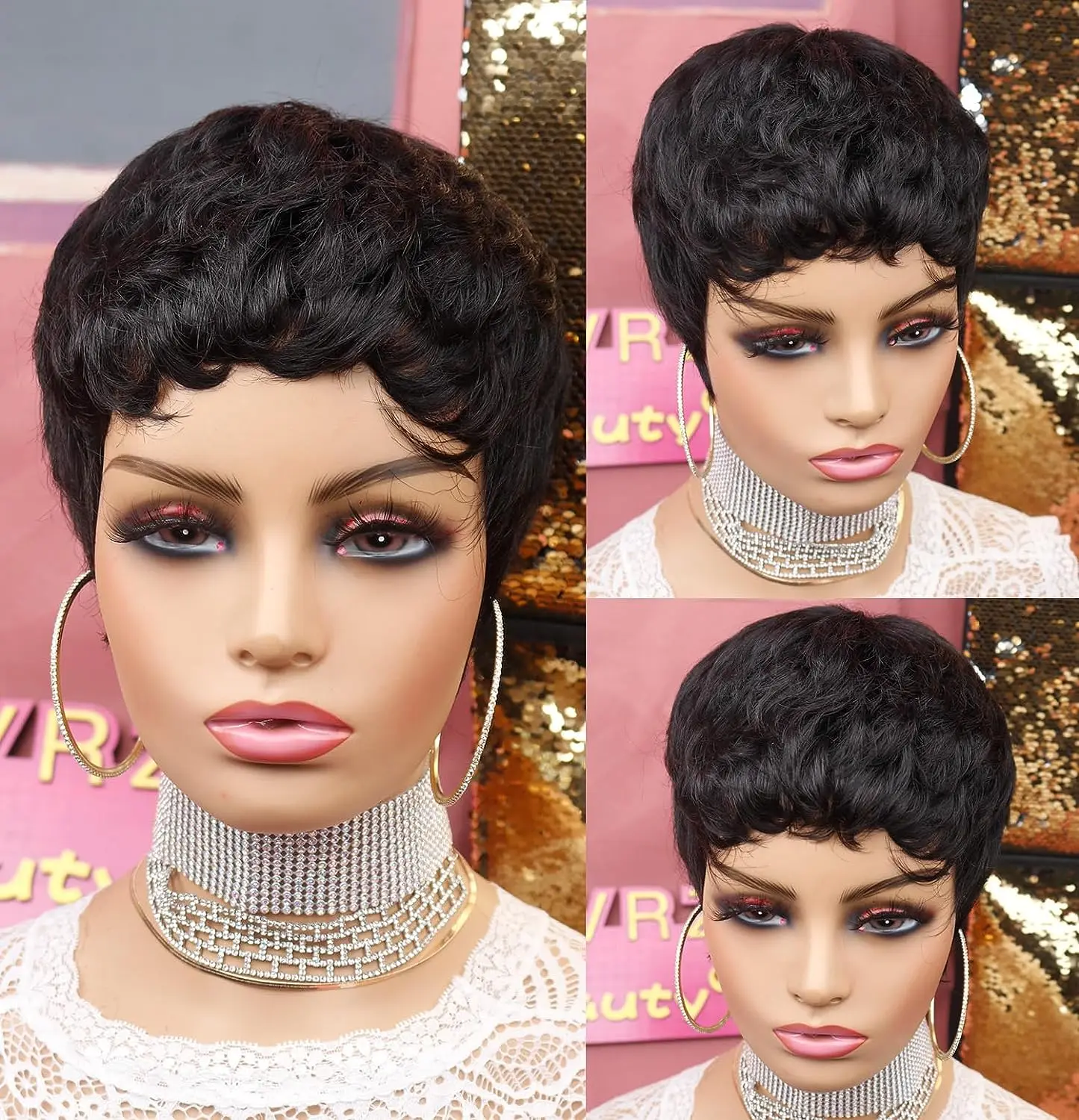 Perruque synthétique courte de style elfe pour femmes noires, perruque superposée ondulée à la mode avec filet à cheveux gratuit