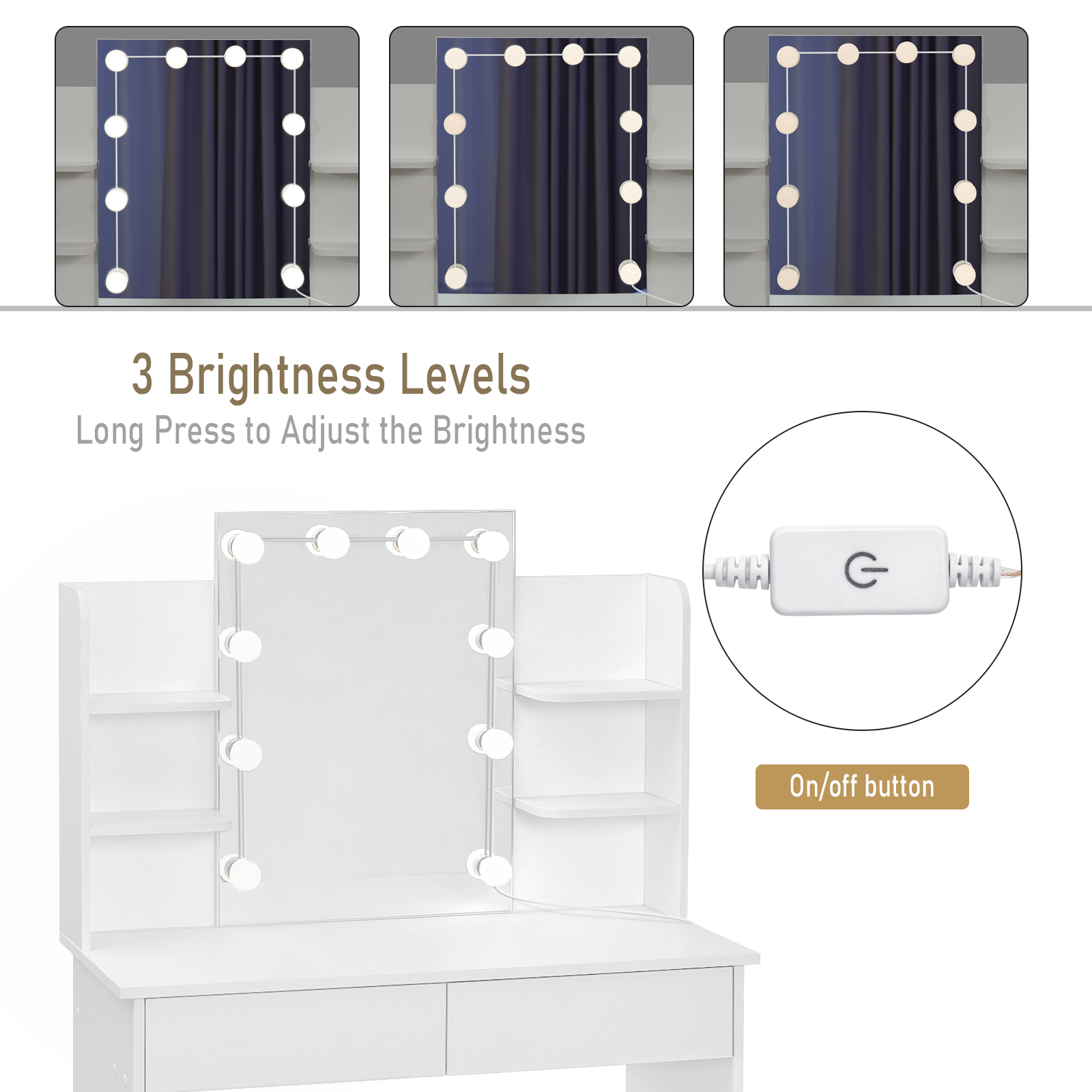 Comò Toeletta con Specchio LED 2 Cassetti 4 Ripiani portaoggetti 90x40x125 cm Tavolo da trucco per ragazze e donne Tavolo da trucco per camera da letto