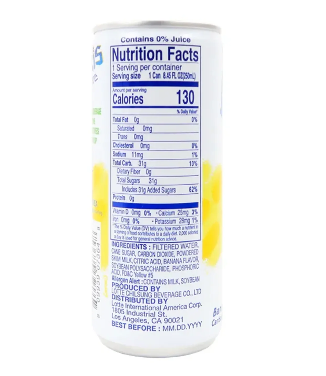 Lotte Milkis - Bebida coreana - Sabor: plátano - 10 latas de 250 ml cada una. - Bebida carbonatada sabor yogurt