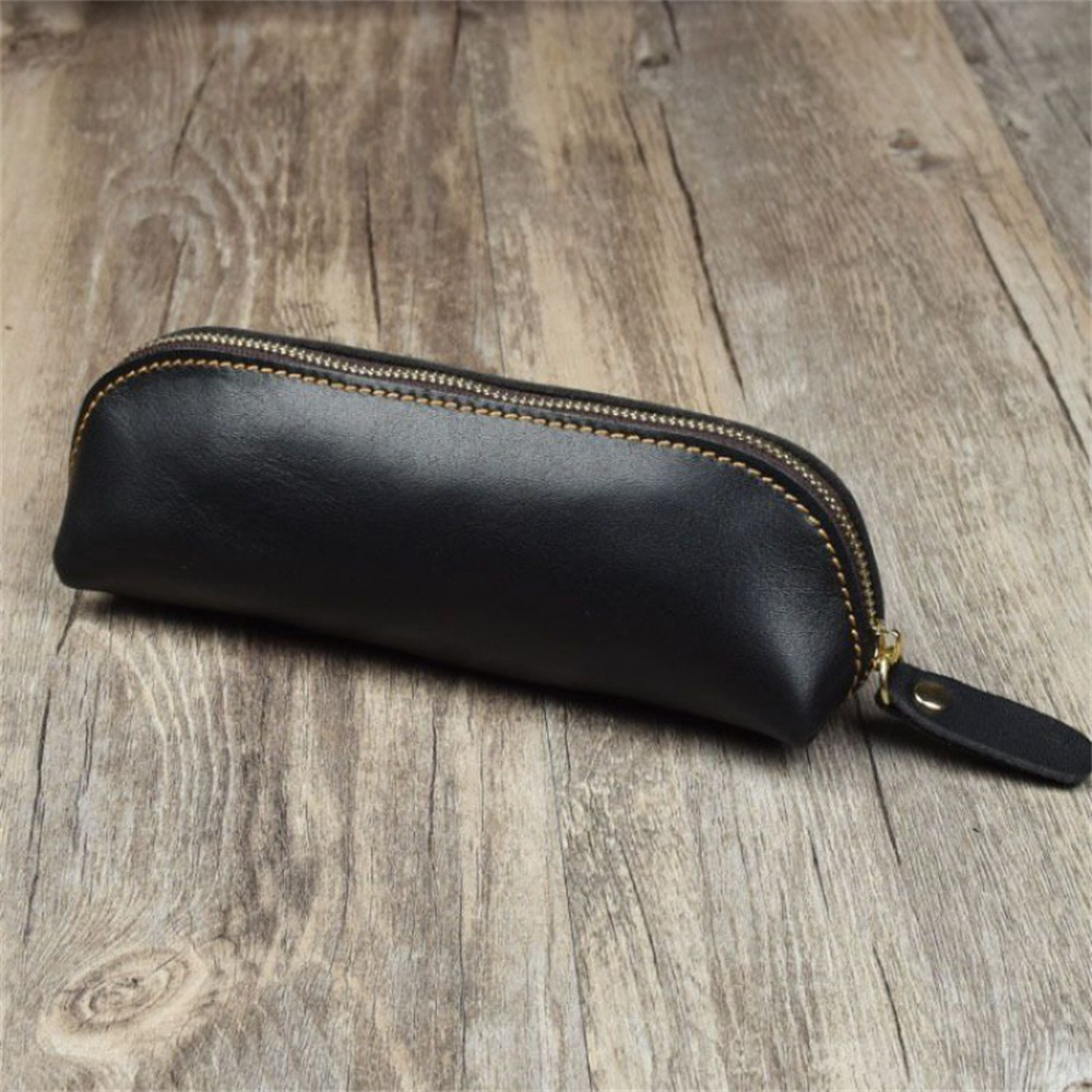 Borsa per penna a matita con cerniera in pelle 1PC - Borsa per cosmetici piccola per trucco da viaggio - Caffè vintage