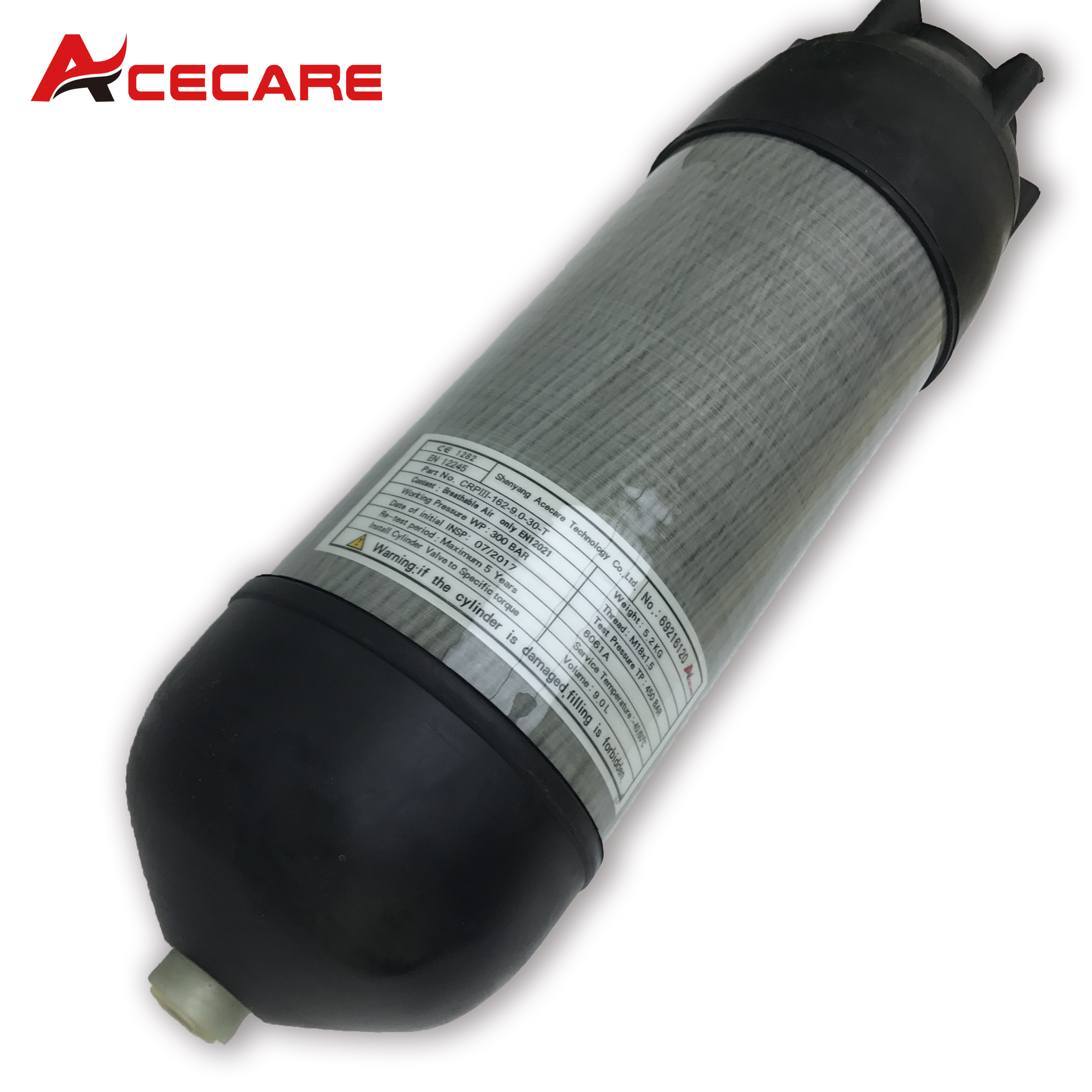 ACECARE HPA Cilindro De Fibra De Carbono com Botas De Proteção De Borracha, Scba Diving Air Tank, M18 * 1.5, 300Bar, 4500Psi, 30Mpa, 9L