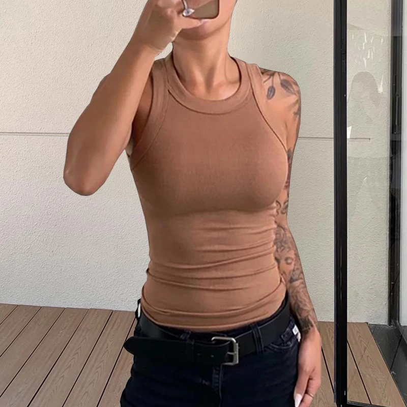 Solid Basic Tank Soft Top สําหรับผู้หญิงฤดูร้อนชุดเซ็กซี่รอบคอ Tank Top ถักด้านล่างเสื้อแขนกุด Top Jacket