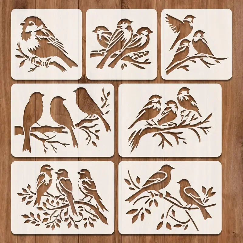 Juego de plantillas para pájaros de 7 piezas, tamaños de 4 pulgadas/10,16 cm y 5,8 pulgadas/14,8 cm, plantillas de bricolaje reutilizables para madera, paredes, telas y muebles: alta calidad